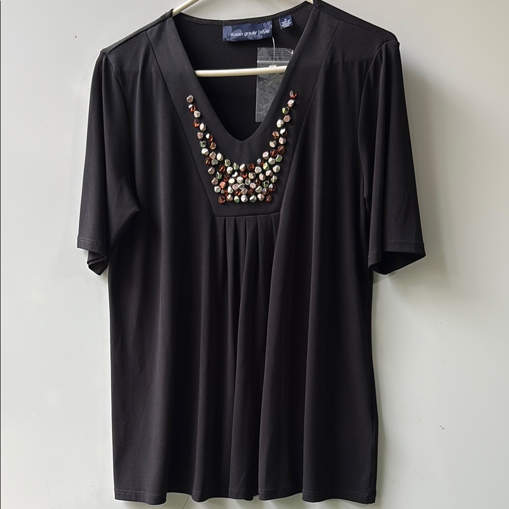 Susan Graver Black Embellished Tunic Top Small Beaded Neckline Stretch Knit